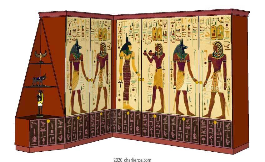 New Egyptian Revival style painted 6 door L shape corner bedroom wardrobes with decorative Egyptian painting & angled end display unit