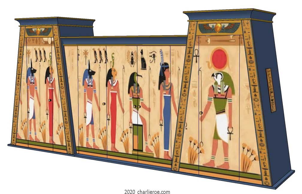 new ancient Egyptian Revival style painted wooden 5 door wardrobe with double Pylon shaped sections and decorative traditional style painting