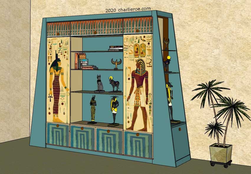 new ancient Egyptian Revival style painted media center display bookcase with decorative