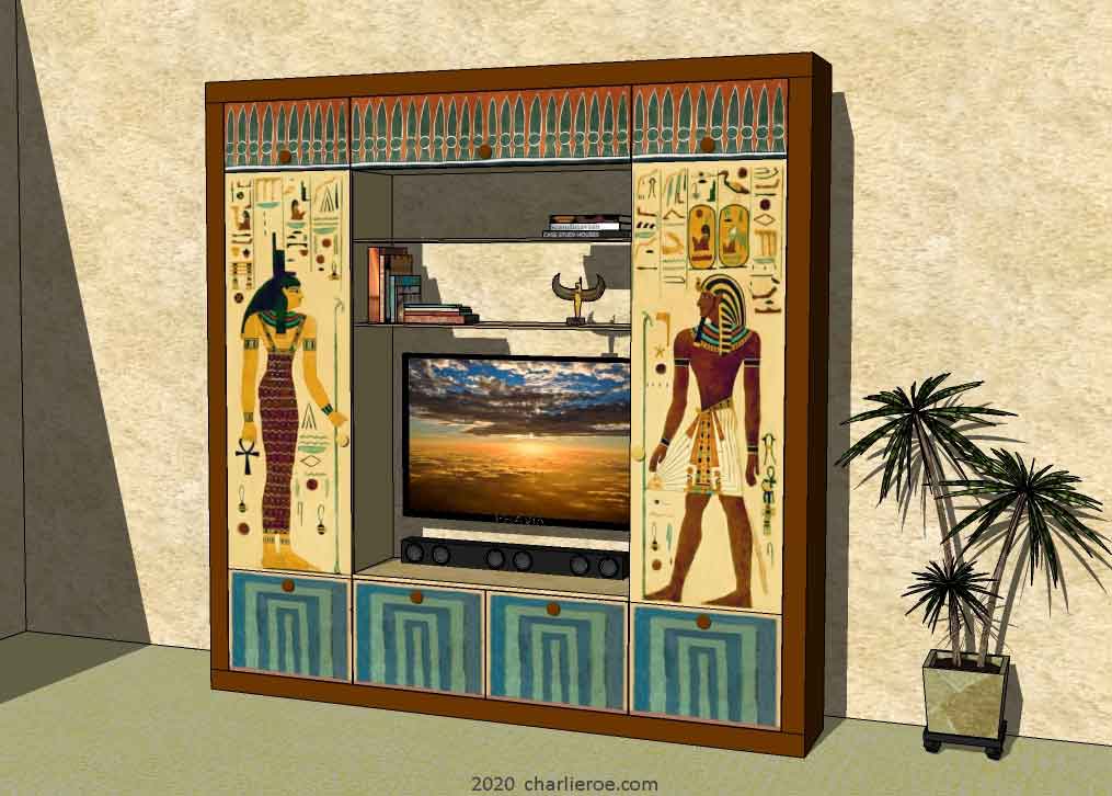 new ancient Egyptian Revival style painted media center display bookcase with decorative