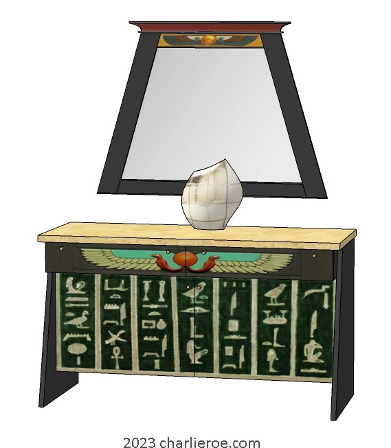 new ancient Egyptian Revival style painted 2 door console table cabinet with decorative Egyptian designs and matching wall mirror
