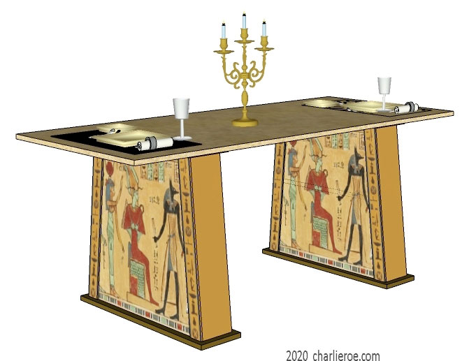 new ancient Egyptian Revival style dining table with a limestone top, sloping Pylon shaped  painted base supports & ornate Egyptian style designs