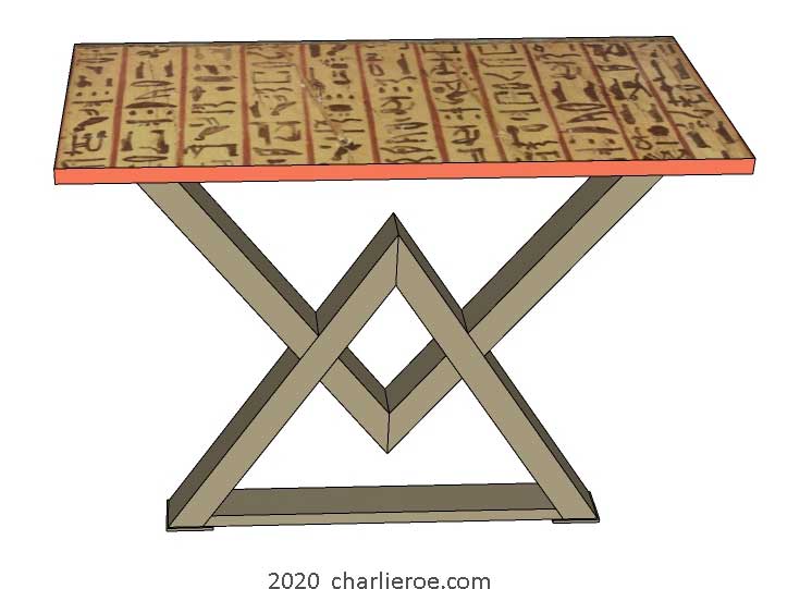 new ancient Egyptian Revival style console side table with painted steel Pyramid shaped bases & ornate Egyptian style designs