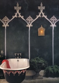 Gothic Revival painted arches on wall & gothic frestanding bathtub