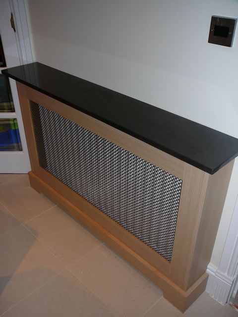 Oak radiator case with steel mesh grill & black granite worktop