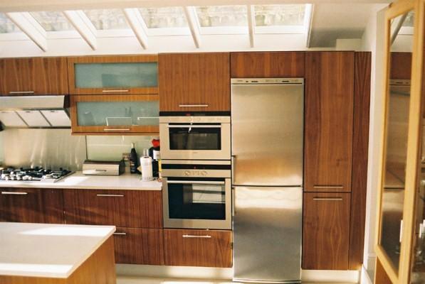 tall units & appliances - walnut designer fitted kitchen units & island in side return