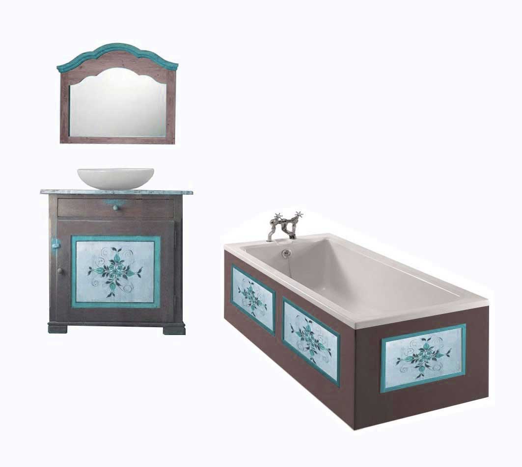 Scandinavian bathroom painted vanity cupboard & wall mirror & bath panels with Kurbits designs furniture