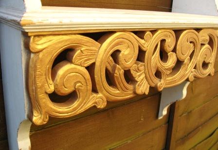 Close up of Acanthus carving on C18th style Scandinavian shelf, furniture
