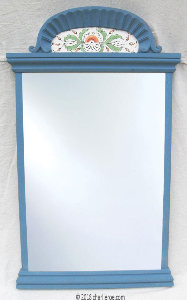 new Painted carved Scandinavian Swedish blue wall mirror with Kurbits painted top