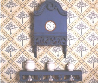 Painted & carved C18th style Scandinavian Norwegian Swedish shelf & wall clock, furniture