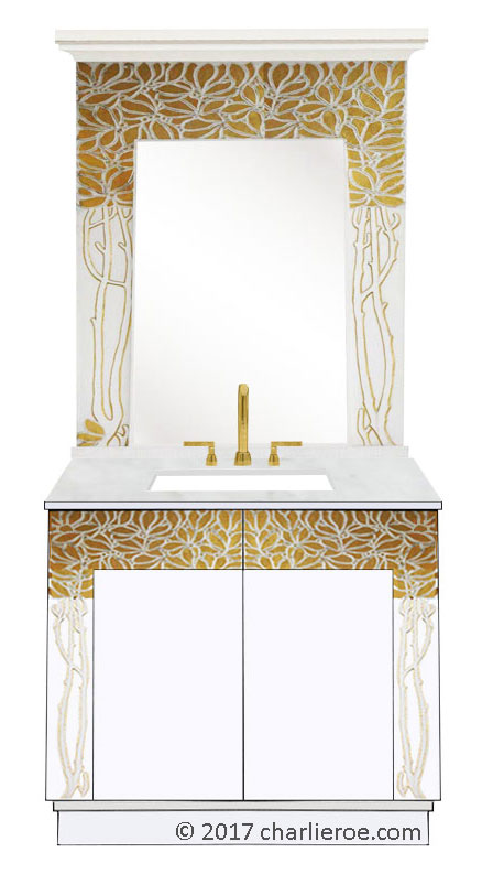 new Vienna Secession Art Nouveau Jugendstil painted 2 door vanity unit & matching gold foliage wall mirror