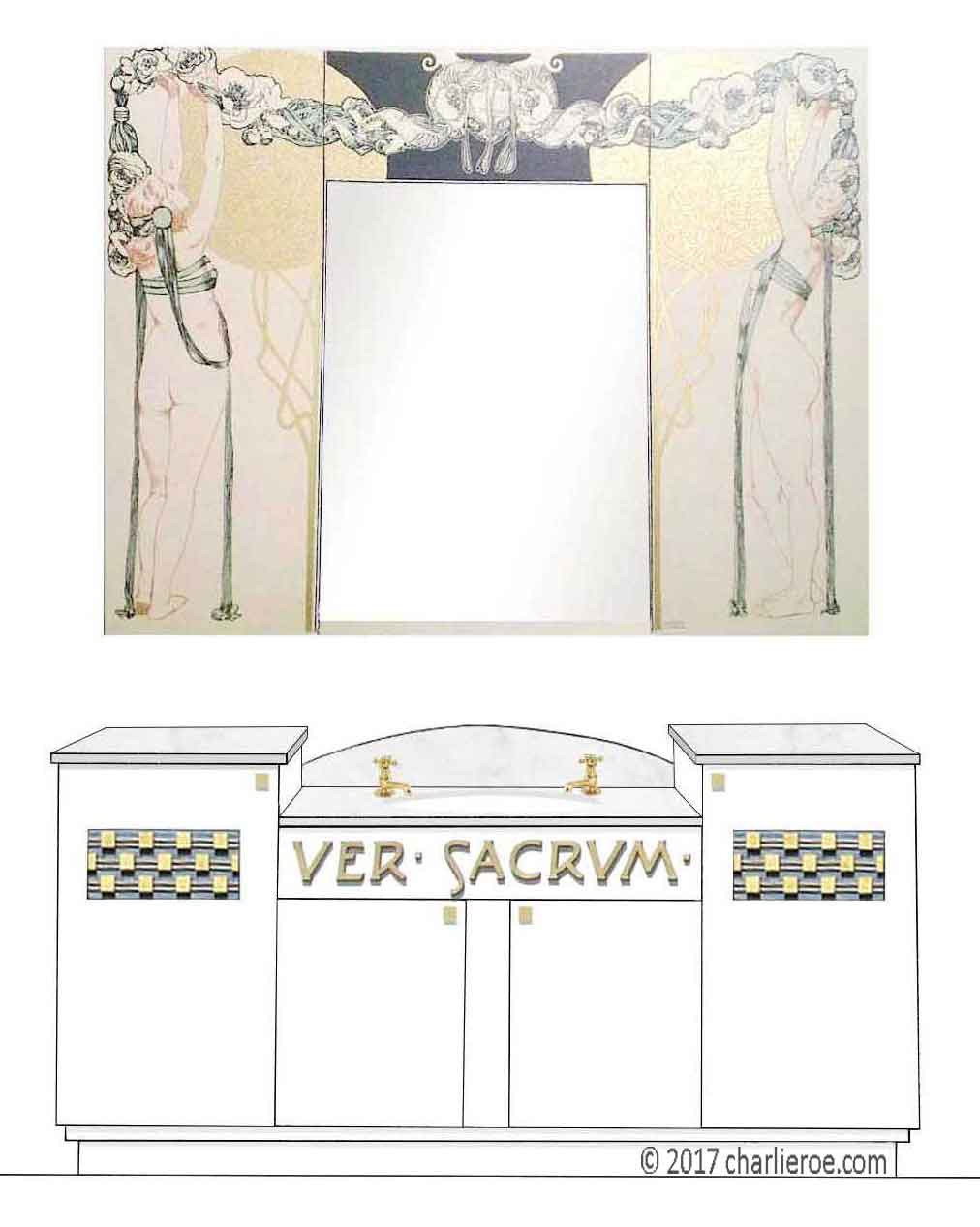new Vienna Secession Art Nouveau Jugendstil painted 4 door vanity unit with matching Koloman Moser wall mirror panel above