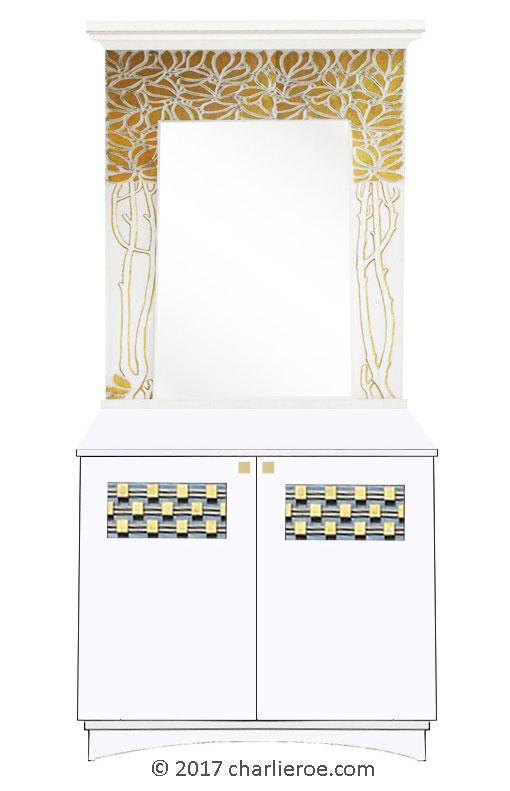 new Vienna Secession Art Nouveau Jugendstil painted 2 door cabinet cupboard sideboard with matching wall mirror with gold foliage designs