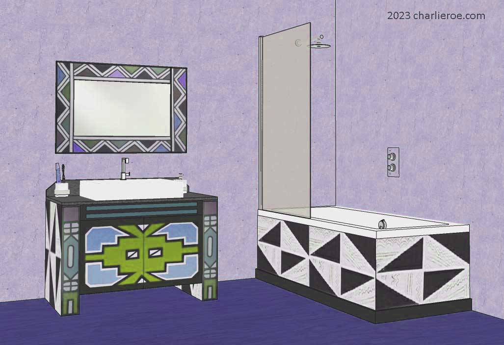 New African style painted 2 door bathroom vanity unit with Ndebele patterns design and matching bathroom wall mirror and shower bth panels