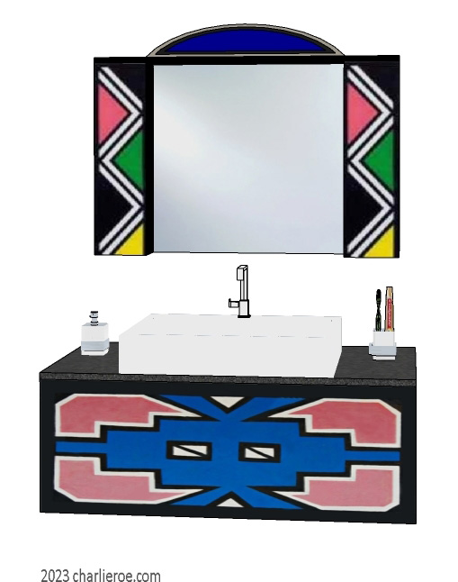 New African style stepped painted wall hung bathroom vanity unit with with Ndebele patterns design & matching wall mirror