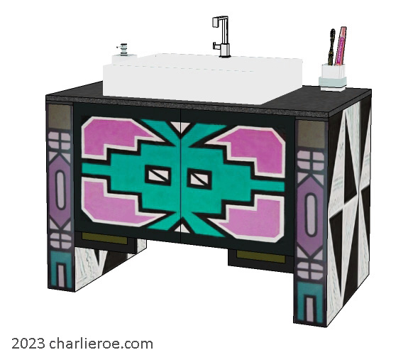 New African style painted 2 door bathroom vanity unit with Ndebele patterns design