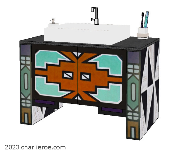 New African style painted 2 door bathroom vanity unit with Ndebele patterns design