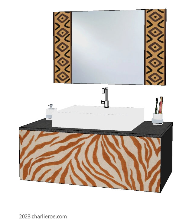 New African style painted bathroom wall hung vanity unit with stylised Zebra skin patterns design & matching wall mirror