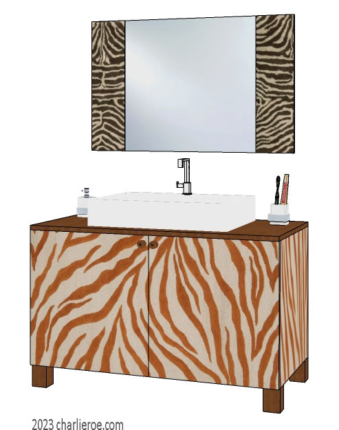 New African style painted bathroom 2 door vanity unit with stylised Zebra skin patterns design & matching wall mirror