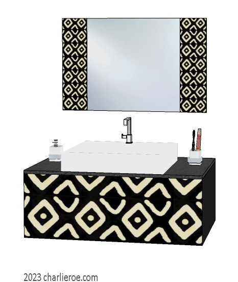 New African style painted bathroom wall hung vanity unit with stylised patterns design & matching wall mirror