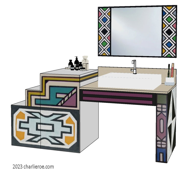 New African style painted bathroom 2 door vanity unit with stylised Zebra skin patterns design & matching wall mirror