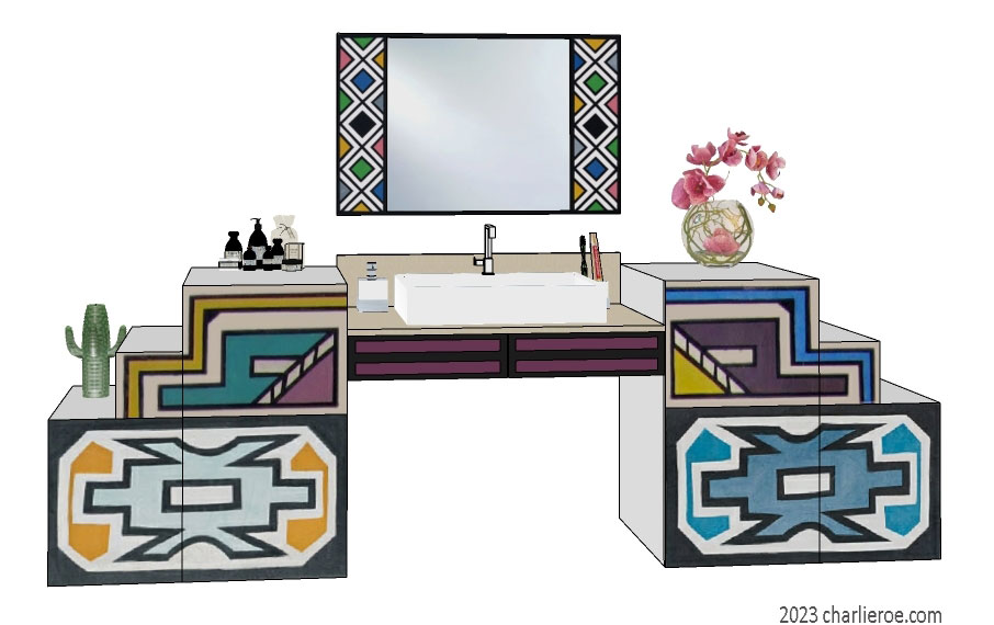 New African style large painted bathroom 5 door vanity unit with stylised Zebra skin patterns design & matching wall mirror