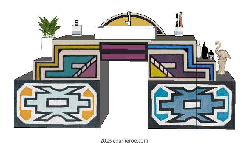 New African style large painted 4 door bathroom vanity unit with Ndebele patterns design