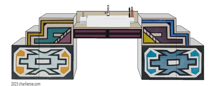 New African style large painted 4 door bathroom vanity unit with Ndebele patterns design