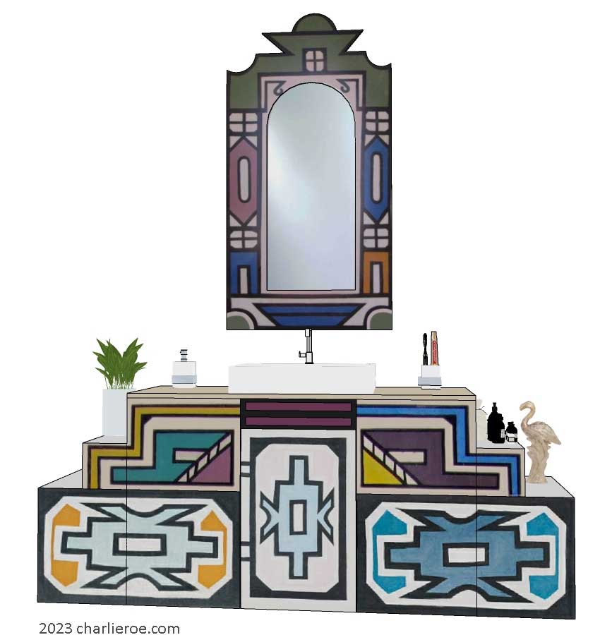 New African style large painted 4 door bathroom vanity unit with Ndebele patterns design