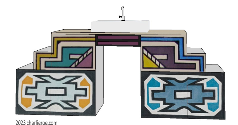 New African style large painted 4 door bathroom vanity unit with Ndebele patterns design