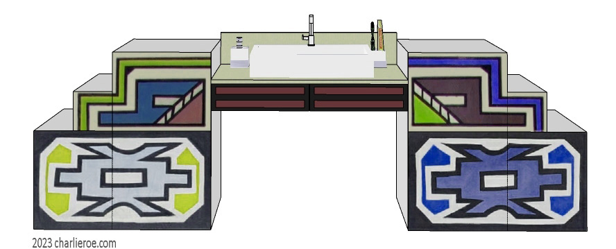 New African style large painted 4 door bathroom vanity unit with Ndebele patterns design