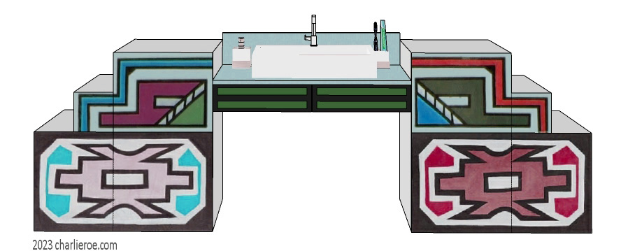 New African style large painted 4 door bathroom vanity unit with Ndebele patterns design