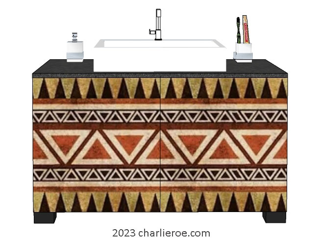 New African style painted bathroom 2 door vanity unit with stylised African patterns design