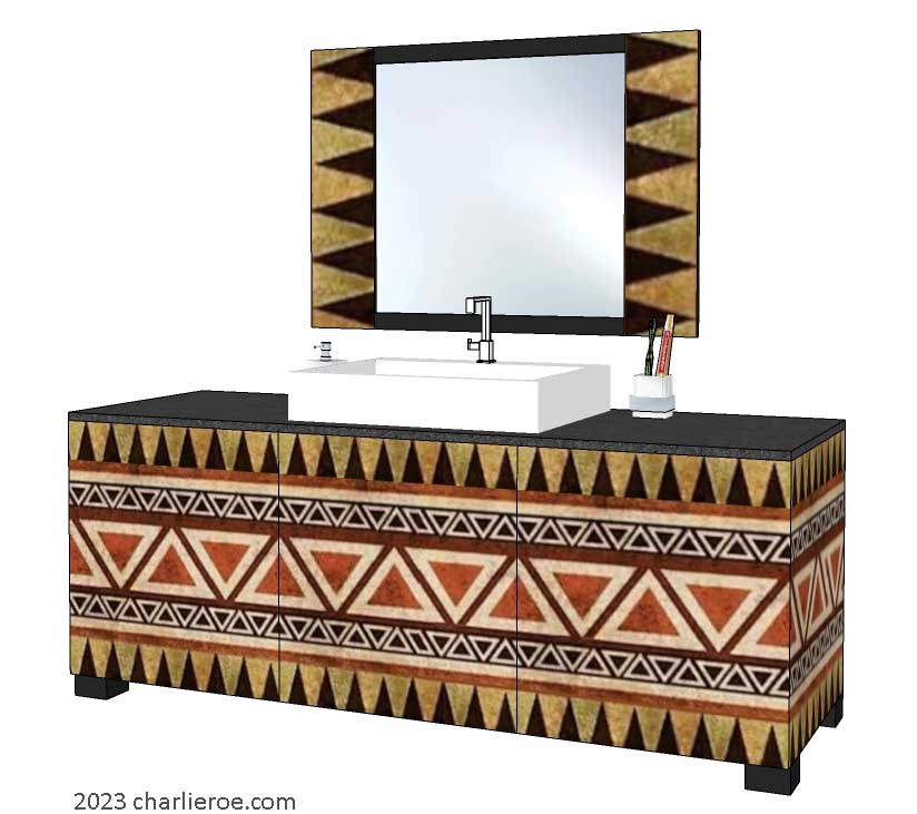 New African style painted bathroom 3 door vanity unit with stylised African patterns design & matching wall mirror