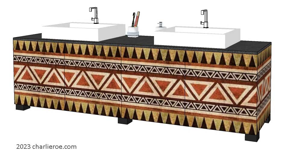 New African style painted bathroom 4 door vanity unit with stylised African patterns design