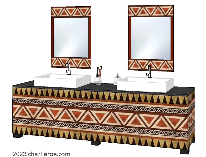 New African style painted bathroom 4 door vanity unit with stylised African patterns design & matching wall mirrors