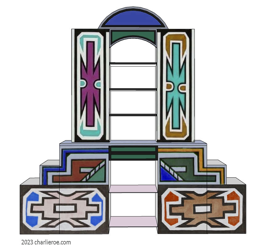 New African style stepped painted tall bookcase with Ndebele patterns design