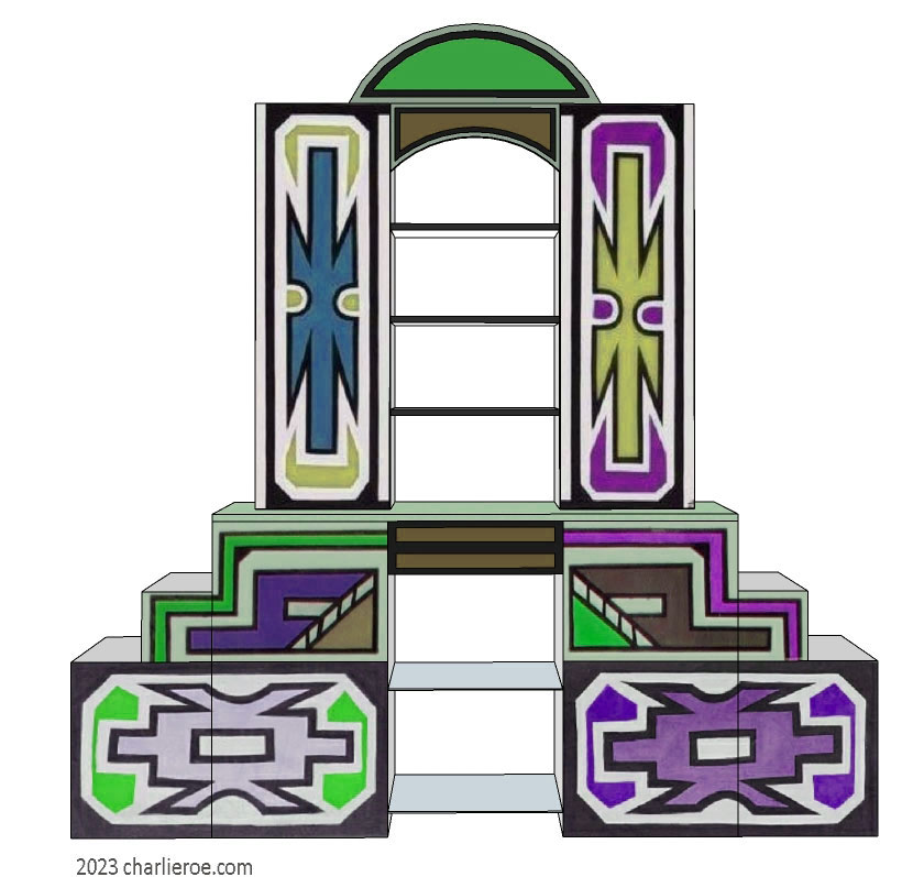 New African style stepped painted tall bookcase with Ndebele patterns design