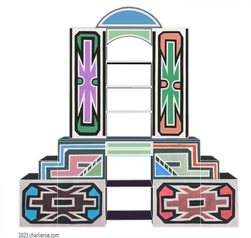New African style stepped painted tall bookcase with Ndebele patterns design