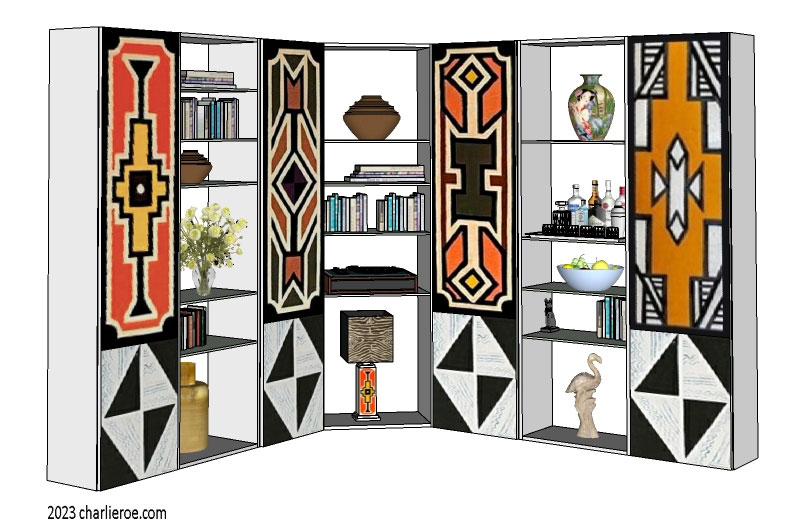 New African style painted 7 bay bookcase with display shelves with Ndebele patterns design
