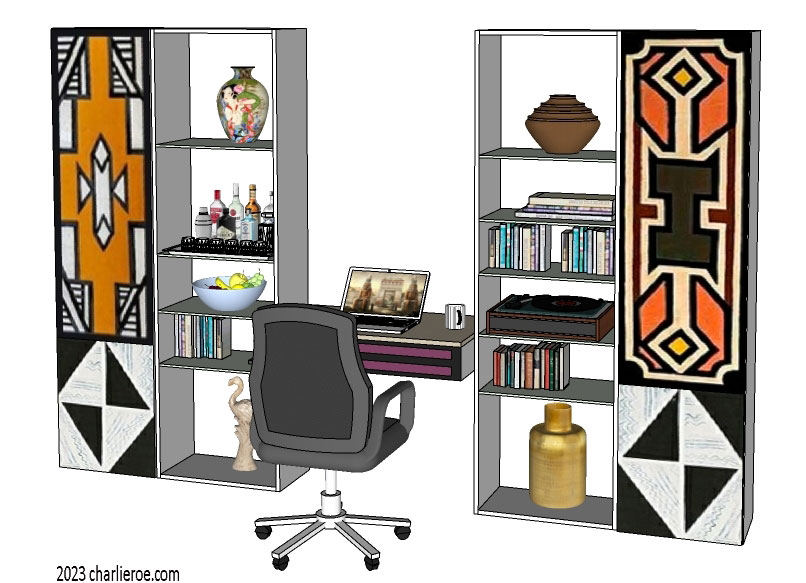 New African style painted pair of bookcases with a suspended desk, with Ndebele patterns design
