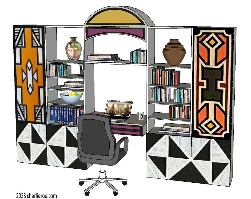 New African style painted pair of bookcases with a suspended desk, with Ndebele patterns design