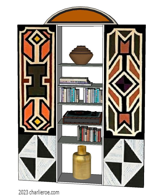 New African style painted 3 bay bookcase with display shelves with Ndebele patterns design
