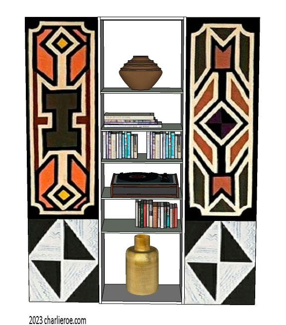 New African style painted 3 bay bookcase with display shelves with Ndebele patterns design