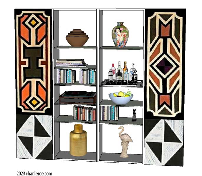 New African style painted 4 bay bookcase with display shelves with Ndebele patterns design
