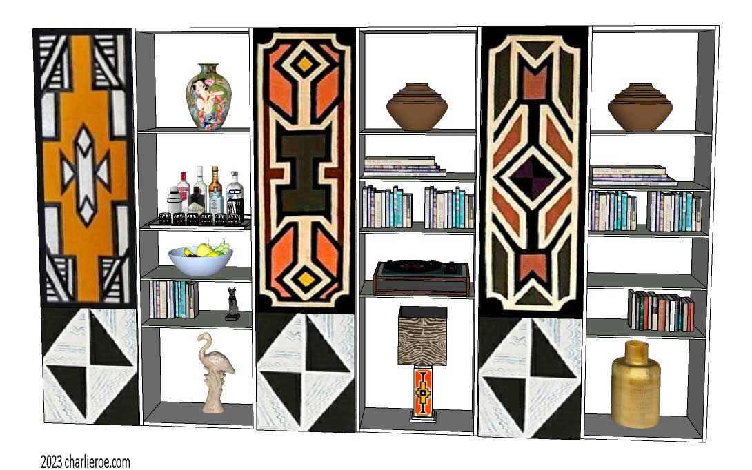 New African style painted 5 bay bookcase with display shelves with Ndebele patterns design