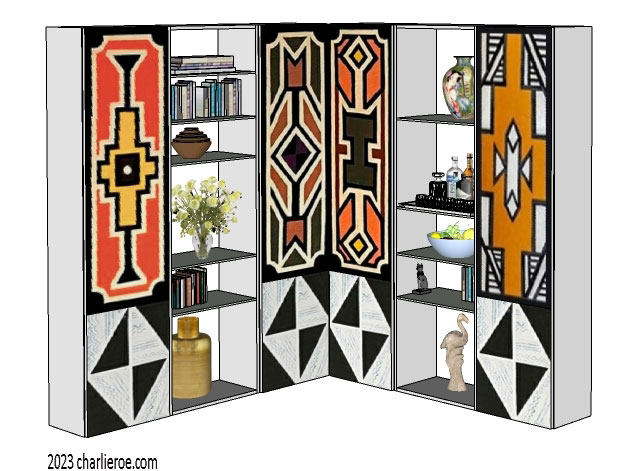 New African style painted 6 bay bookcase with display shelves with Ndebele patterns design