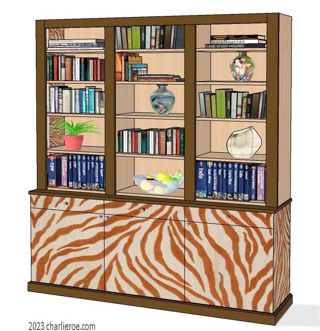 New African style 3 door bookcase with display shelves with painted zebra patterns design