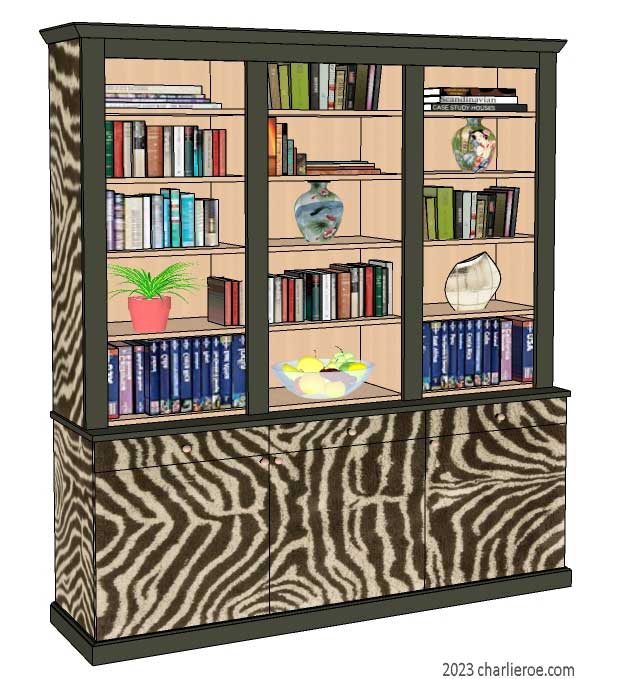 New African style 3 door bookcase with display shelves with painted zebra patterns design