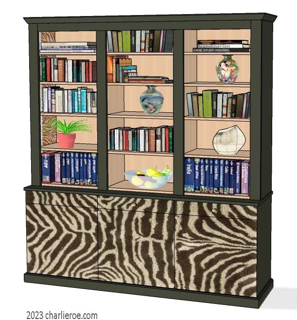 New African style 3 door bookcase with display shelves with painted zebra patterns design